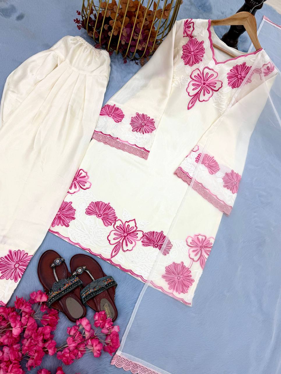 Designer Party Wear Glass Satin Top, Farshi Palazzo & Dupatta Set