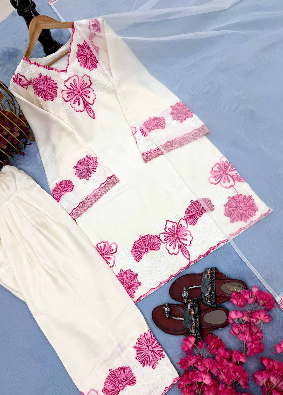Designer Party Wear Glass Satin Top, Farshi Palazzo & Dupatta Set