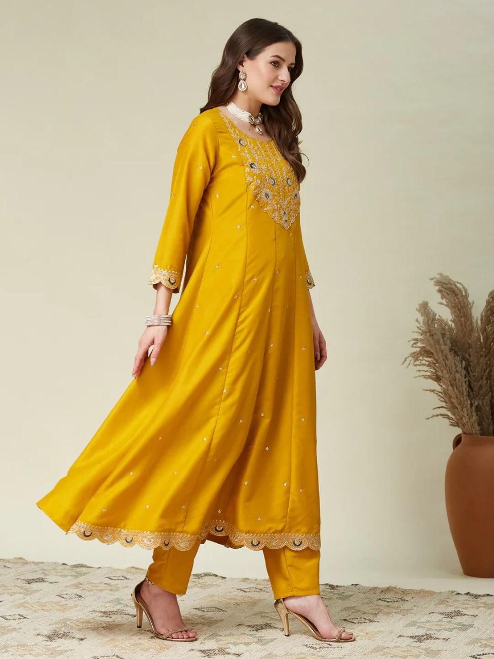Premium Embroidery Vichhitra Silk Anarkali Kurti & Pant Set with Dupatta