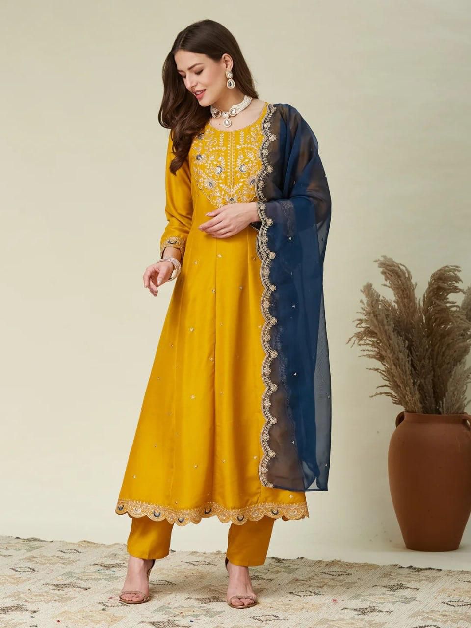 Premium Embroidery Vichhitra Silk Anarkali Kurti & Pant Set with Dupatta