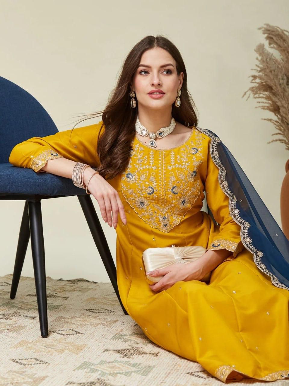 Premium Embroidery Vichhitra Silk Anarkali Kurti & Pant Set with Dupatta