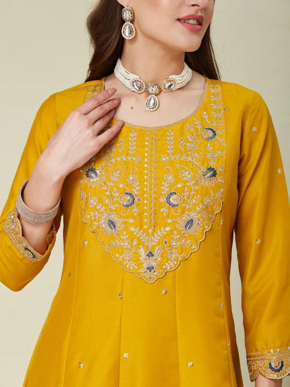 Premium Embroidery Vichhitra Silk Anarkali Kurti & Pant Set with Dupatta