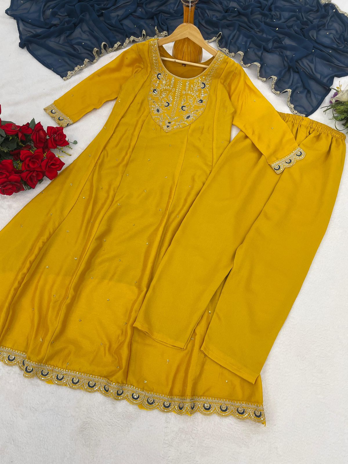 Premium Embroidery Vichhitra Silk Anarkali Kurti & Pant Set with Dupatta