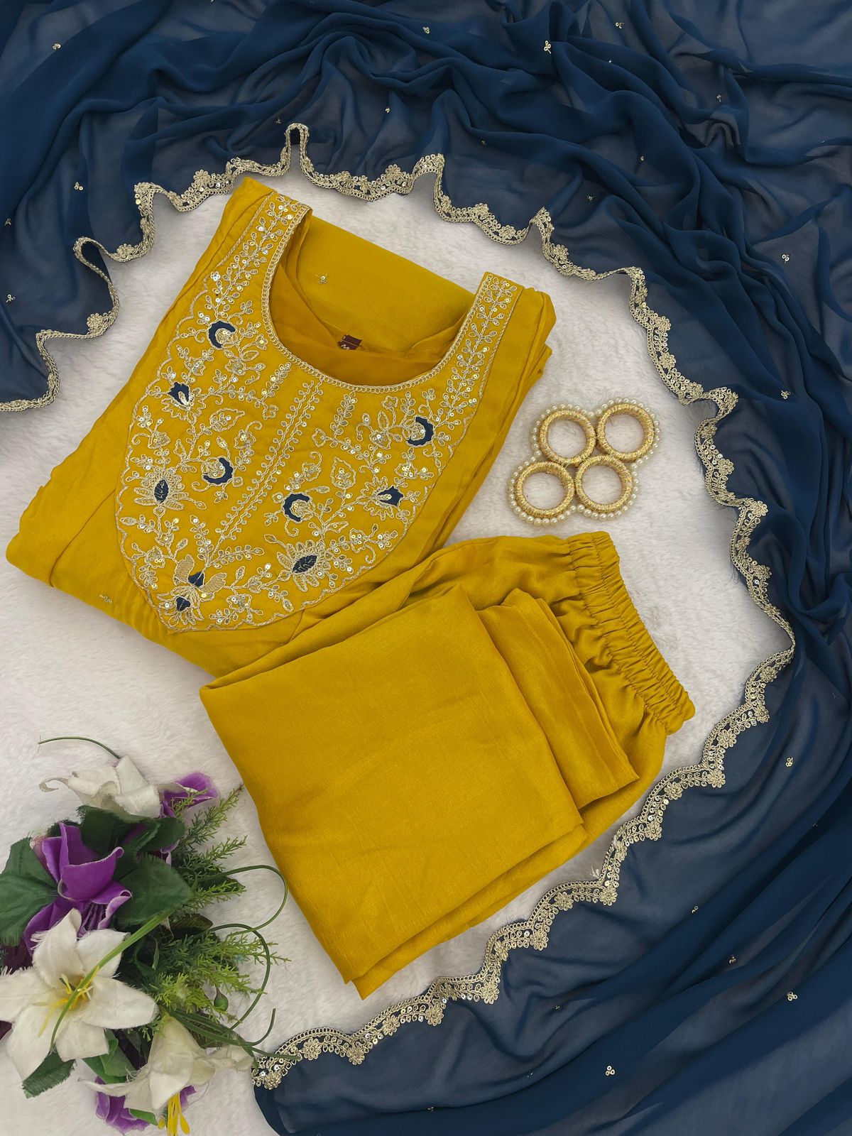 Premium Embroidery Vichhitra Silk Anarkali Kurti & Pant Set with Dupatta