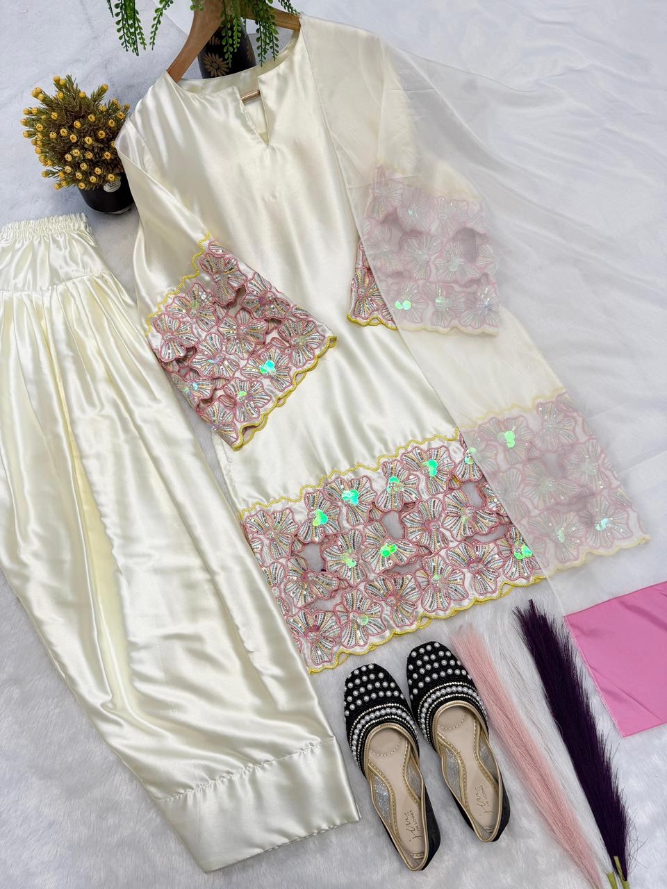 Moti Hand Work Natural Crep Silk Top & Farshi Salwar Set with Organza Dupatta