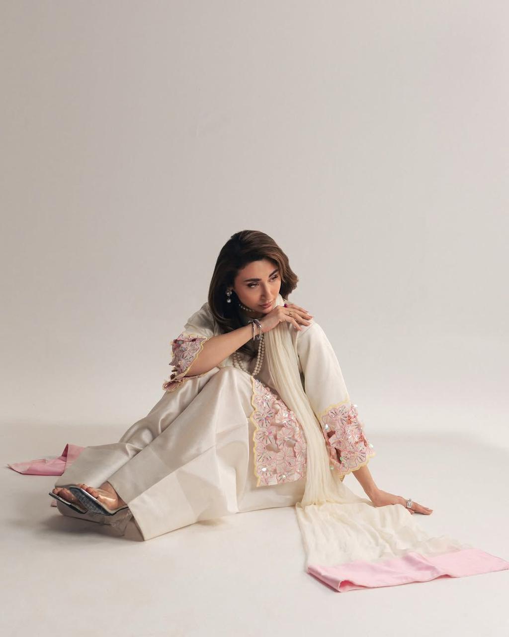Moti Hand Work Natural Crep Silk Top & Farshi Salwar Set with Organza Dupatta