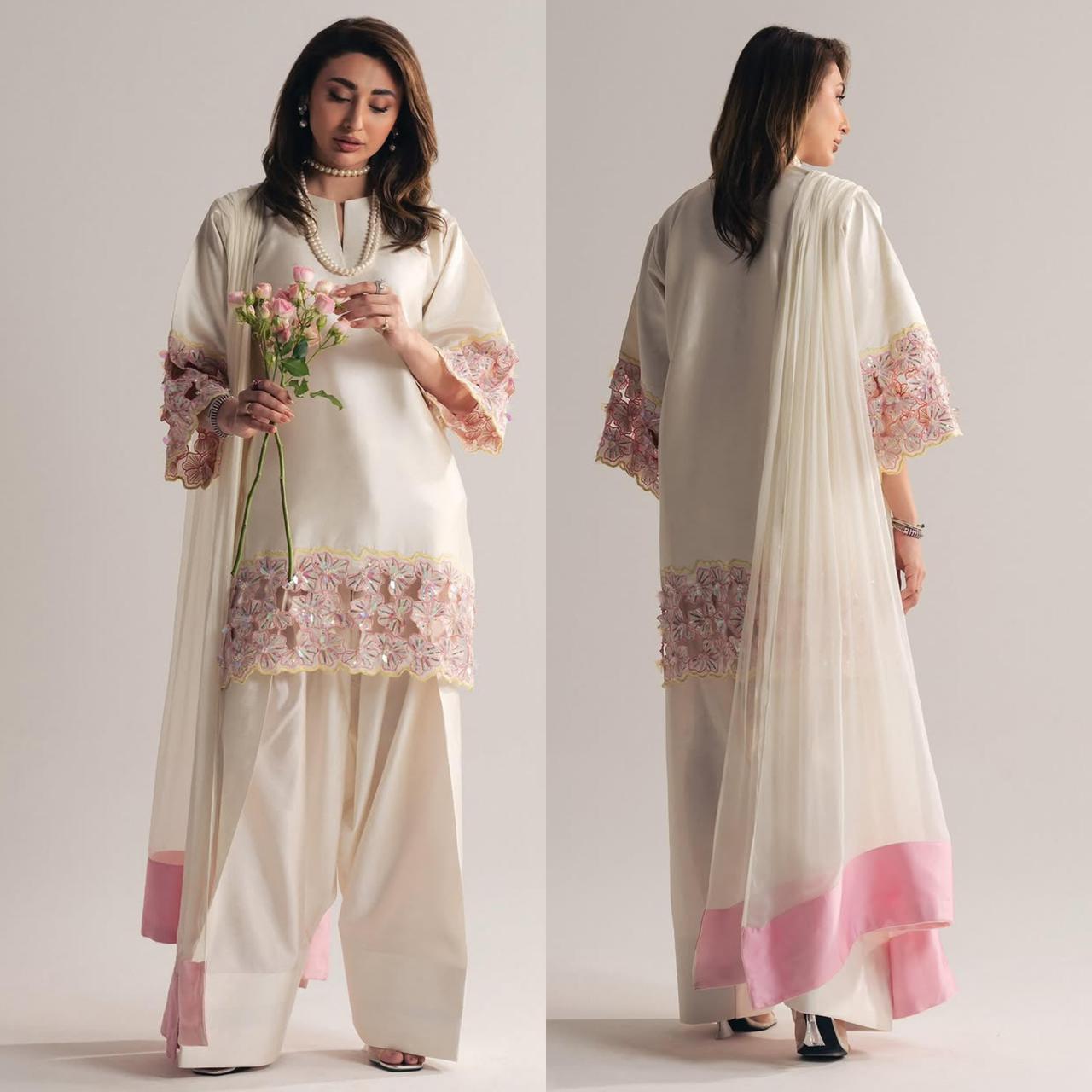 Moti Hand Work Natural Crep Silk Top & Farshi Salwar Set with Organza Dupatta