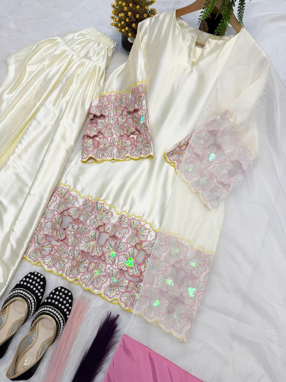 Moti Hand Work Natural Crep Silk Top & Farshi Salwar Set with Organza Dupatta