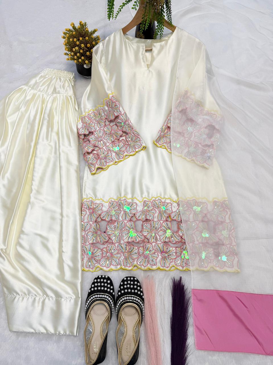 Moti Hand Work Natural Crep Silk Top & Farshi Salwar Set with Organza Dupatta
