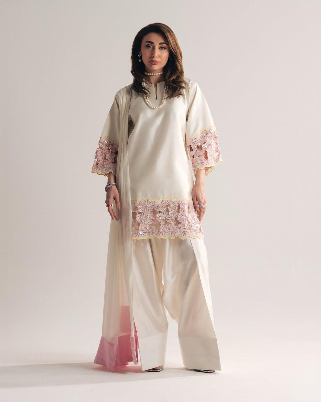 Moti Hand Work Natural Crep Silk Top & Farshi Salwar Set with Organza Dupatta