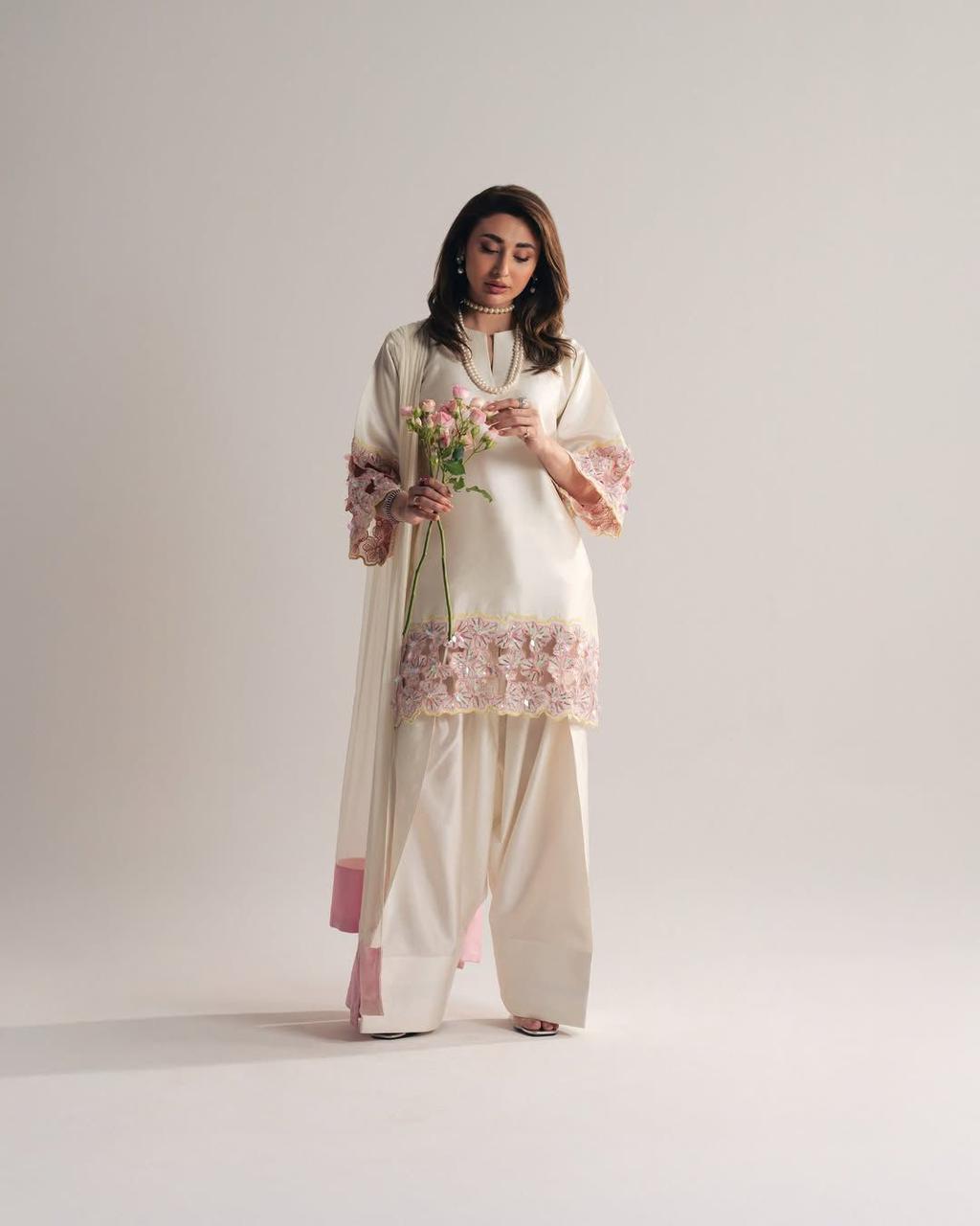 Moti Hand Work Natural Crep Silk Top & Farshi Salwar Set with Organza Dupatta