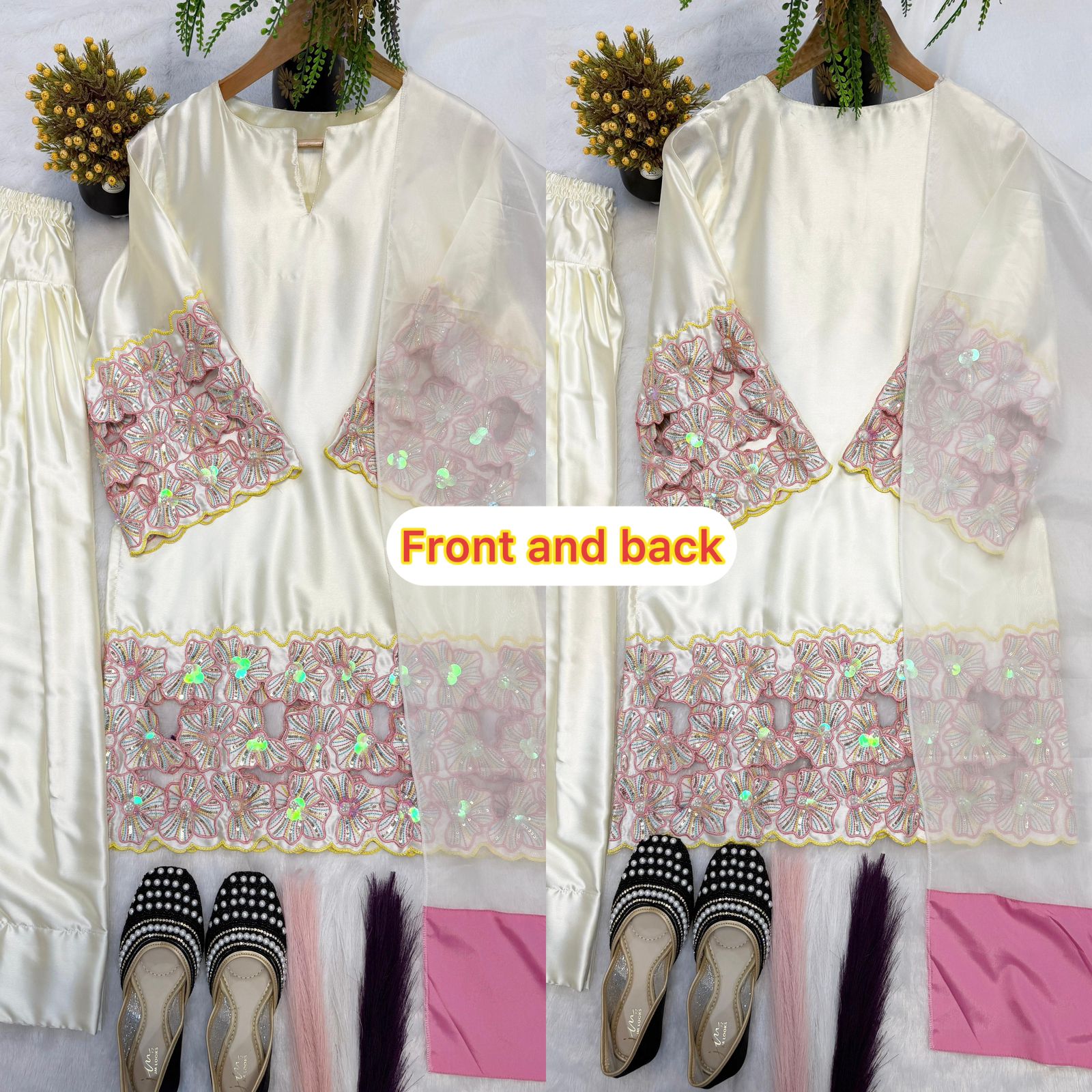 Moti Hand Work Natural Crep Silk Top & Farshi Salwar Set with Organza Dupatta
