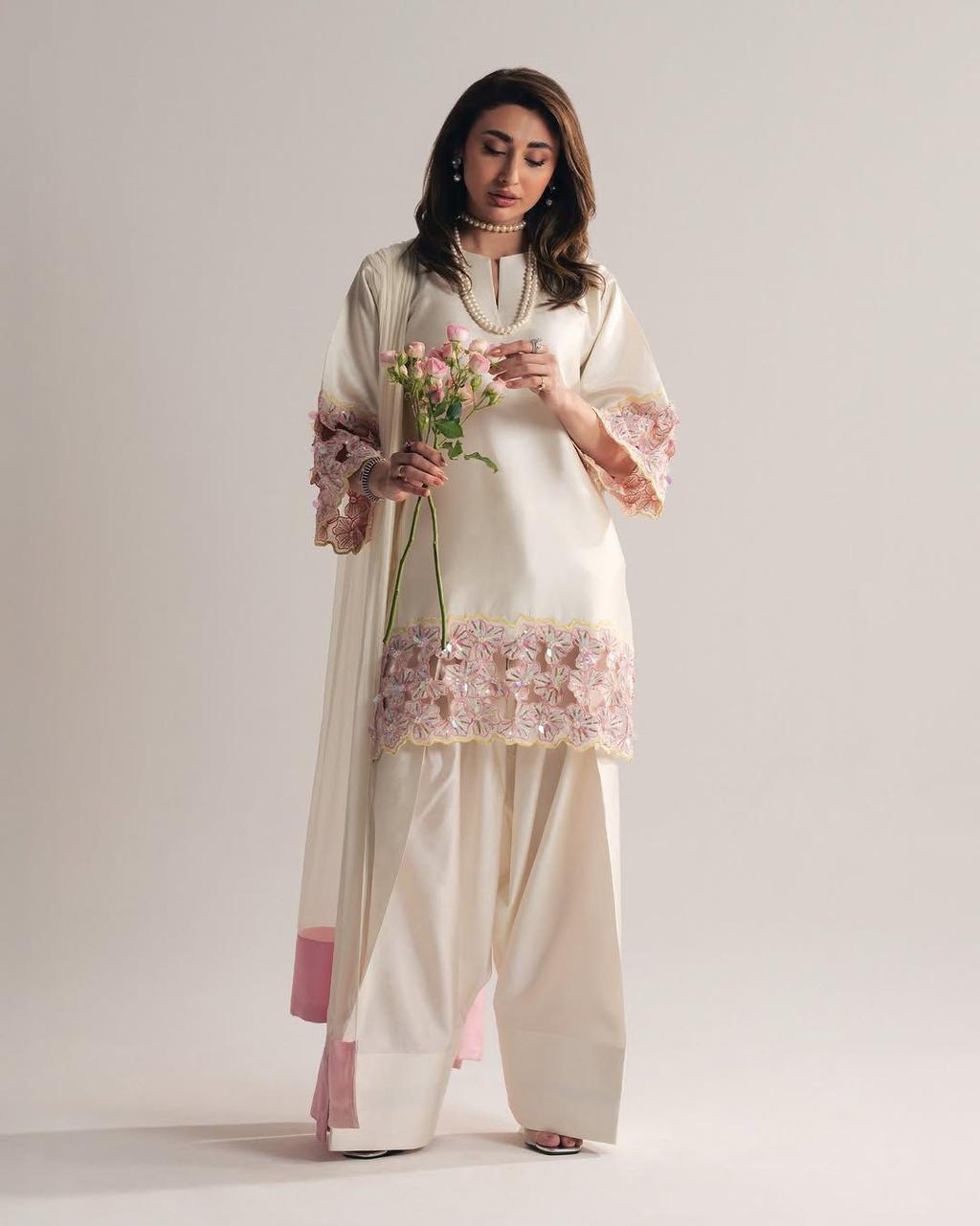 Moti Hand Work Natural Crep Silk Top & Farshi Salwar Set with Organza Dupatta
