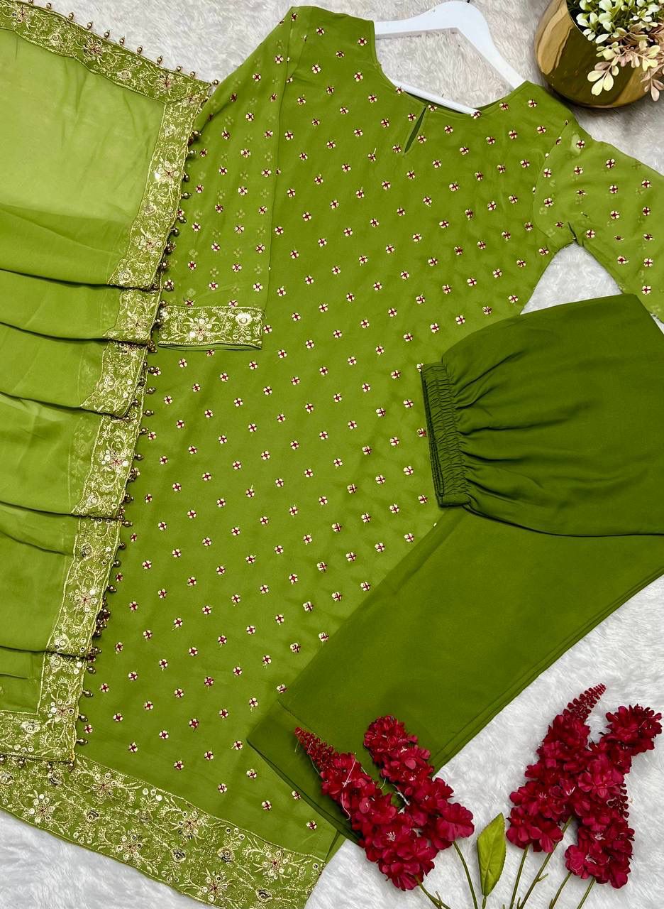 Mehndi Green Embroidered 3-Piece Kurti Set