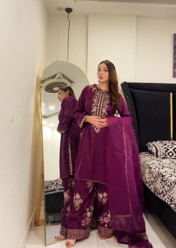 French Crepe Embroidered Top & Farshi Pant with Dupatta