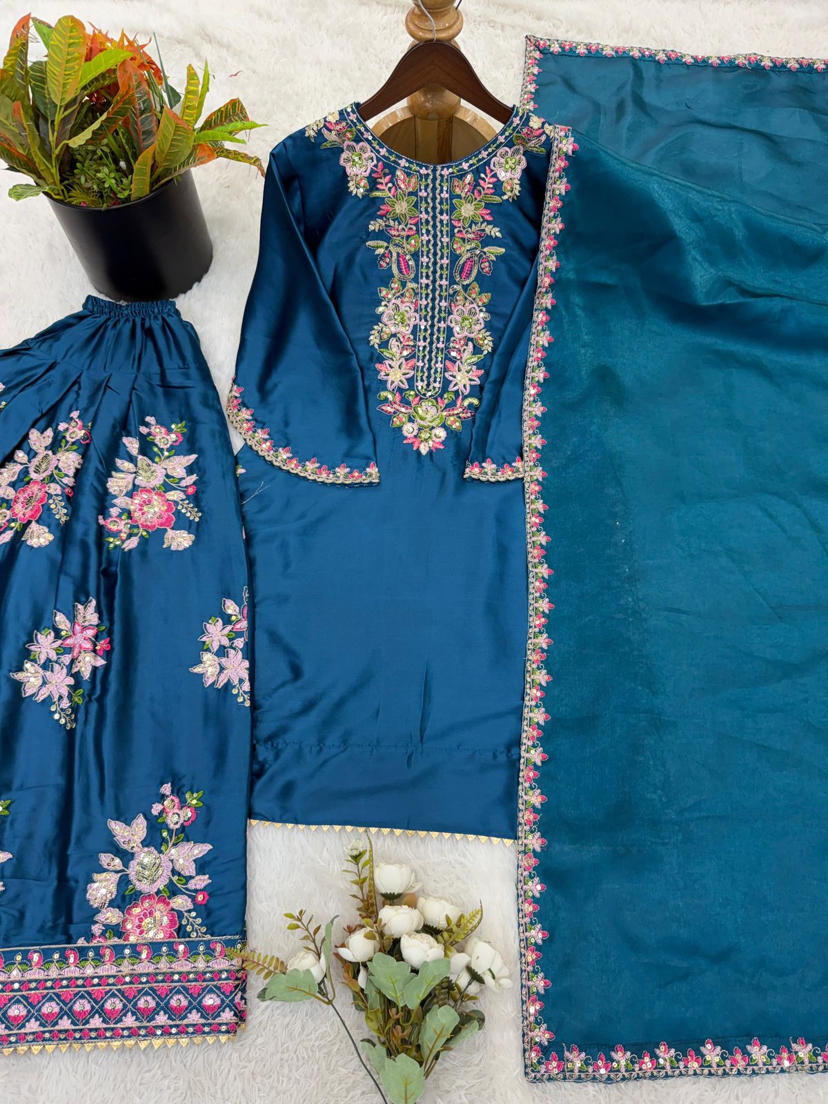 French Crepe Embroidered Top & Farshi Pant with Dupatta