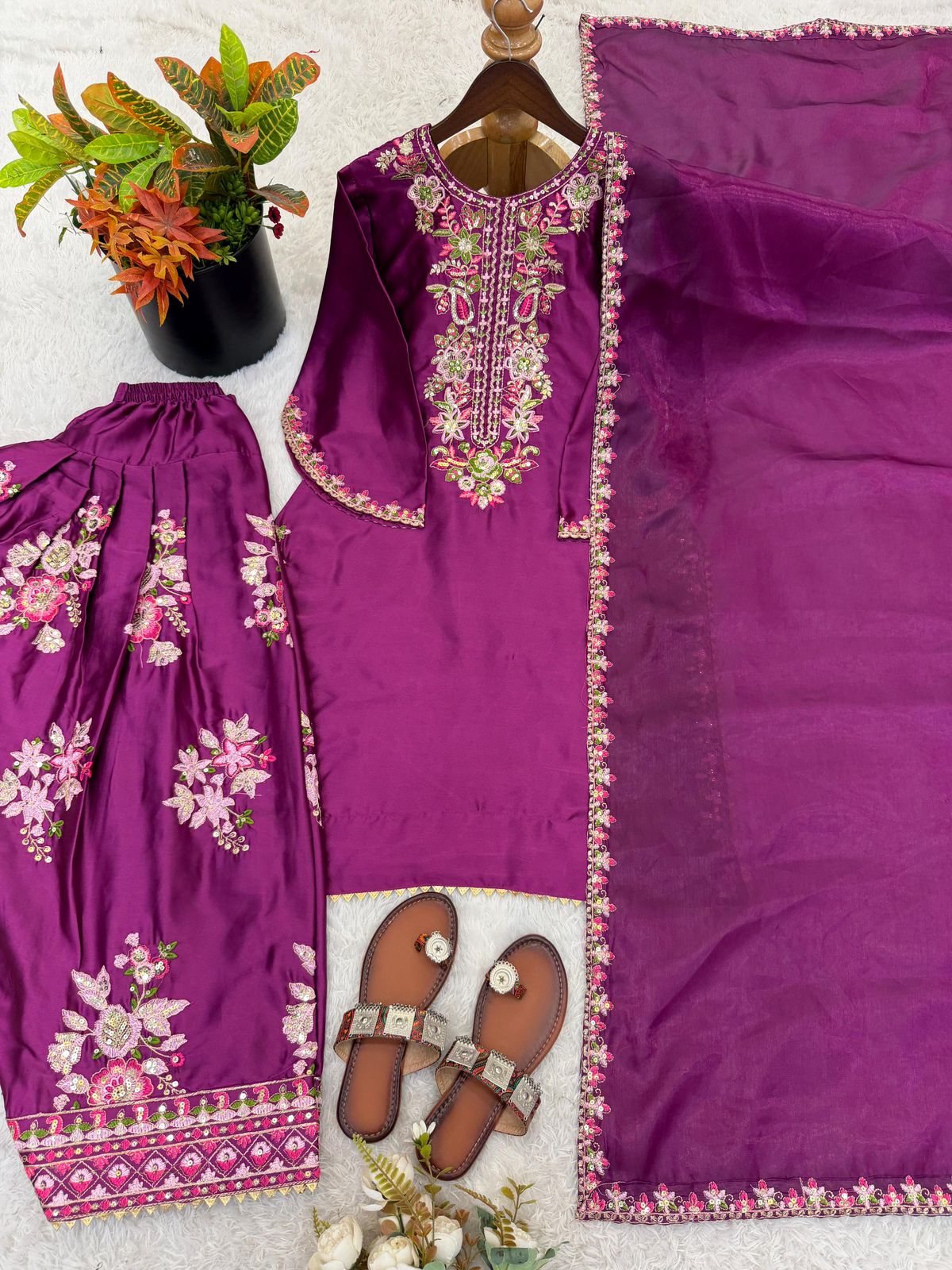 French Crepe Embroidered Top & Farshi Pant with Dupatta