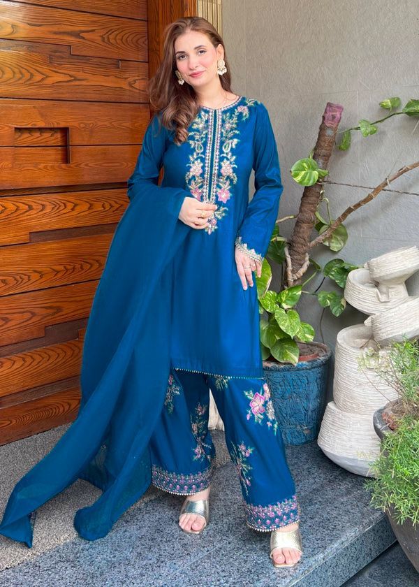 French Crepe Embroidered Top & Farshi Pant with Dupatta