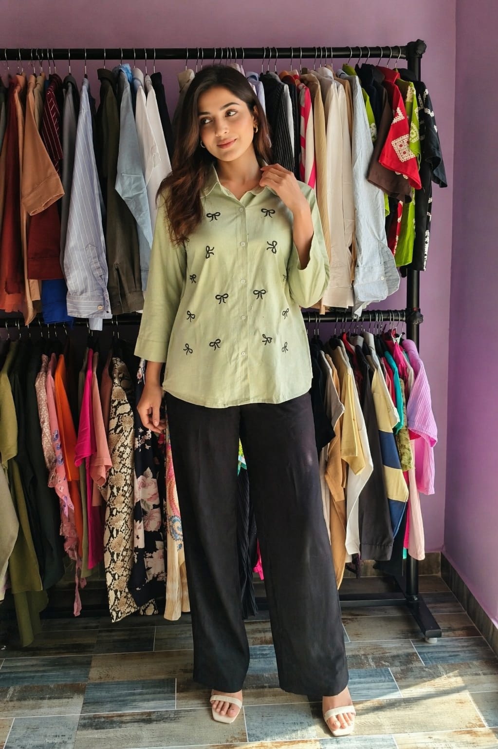 Bow Embroidery Cotton Shirt