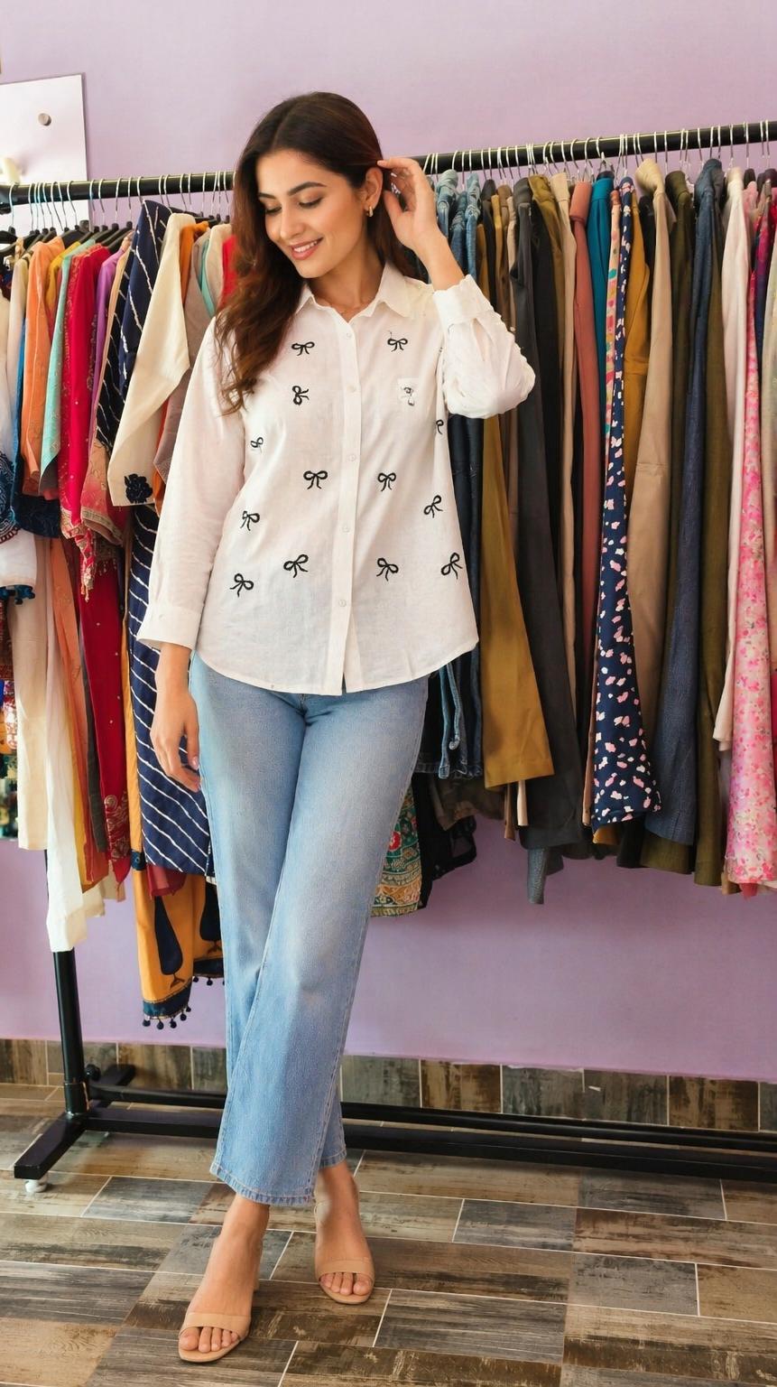 Bow Embroidery Cotton Shirt