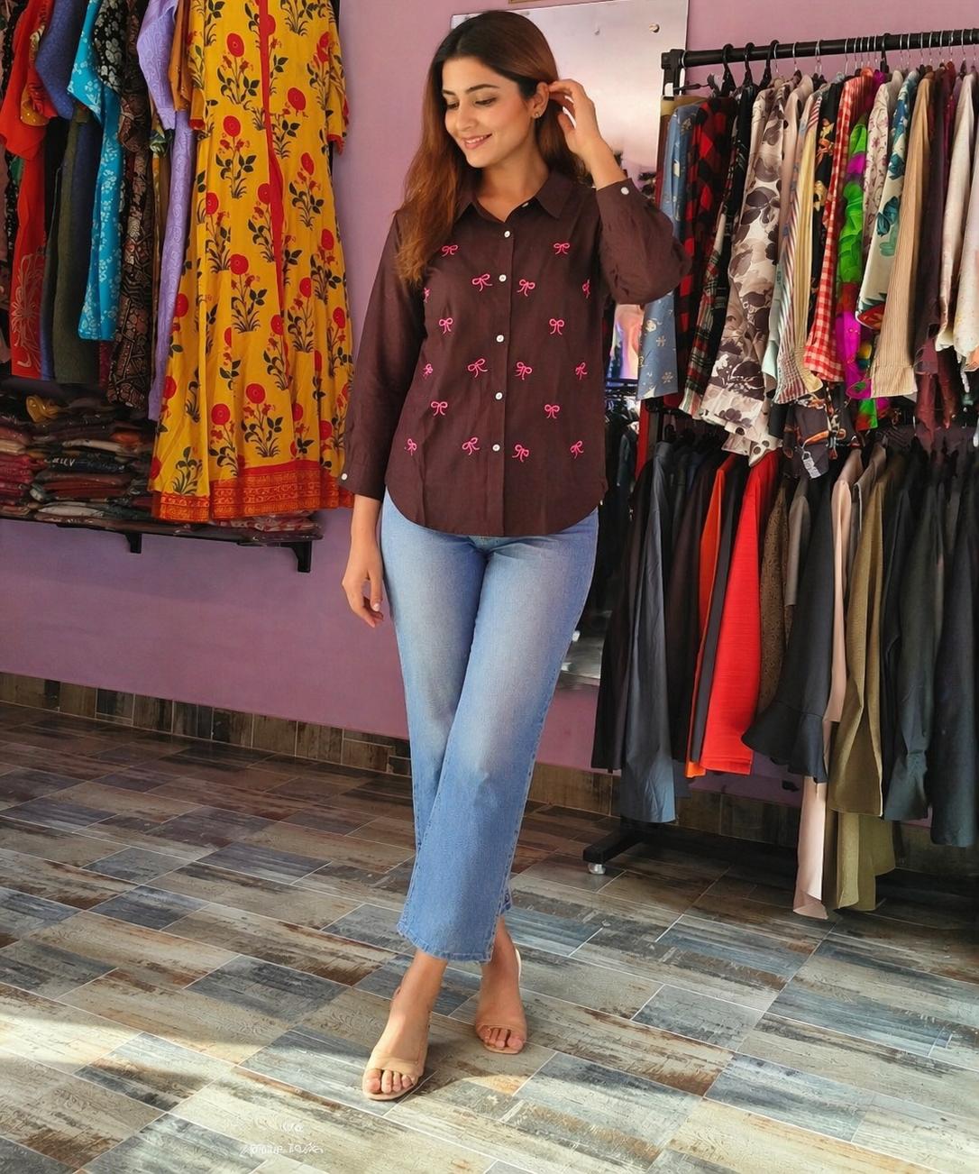 Bow Embroidery Cotton Shirt