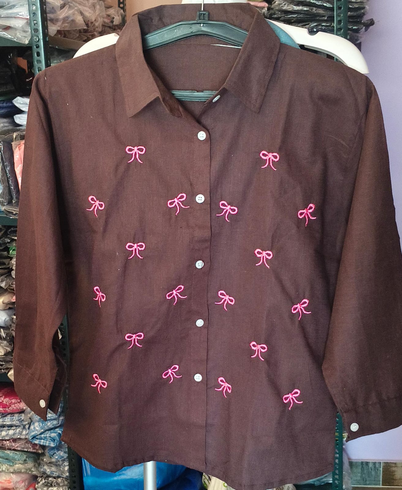Bow Embroidery Cotton Shirt