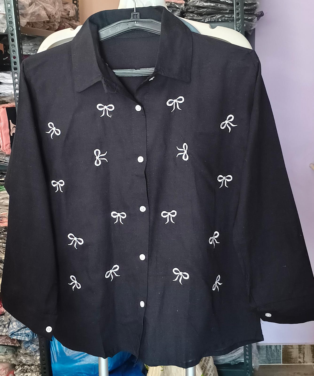 Bow Embroidery Cotton Shirt