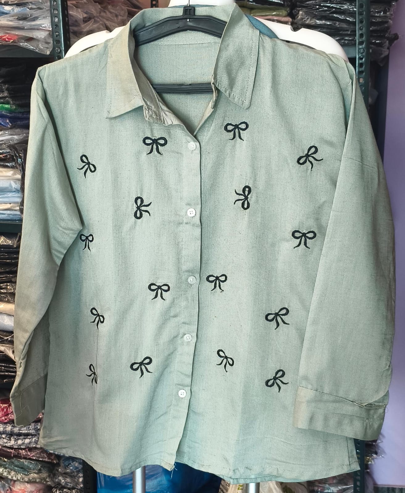 Bow Embroidery Cotton Shirt