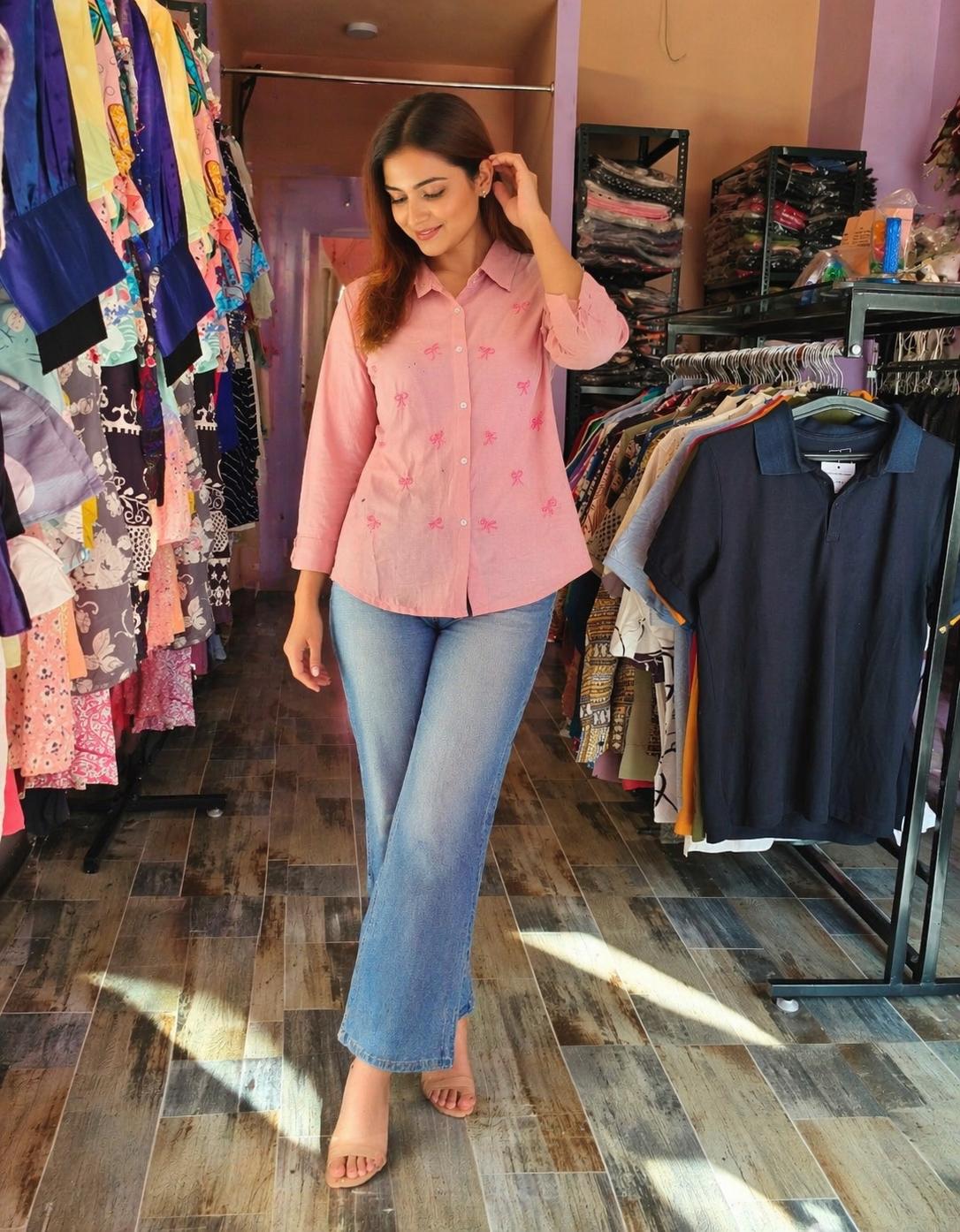 Bow Embroidery Cotton Shirt