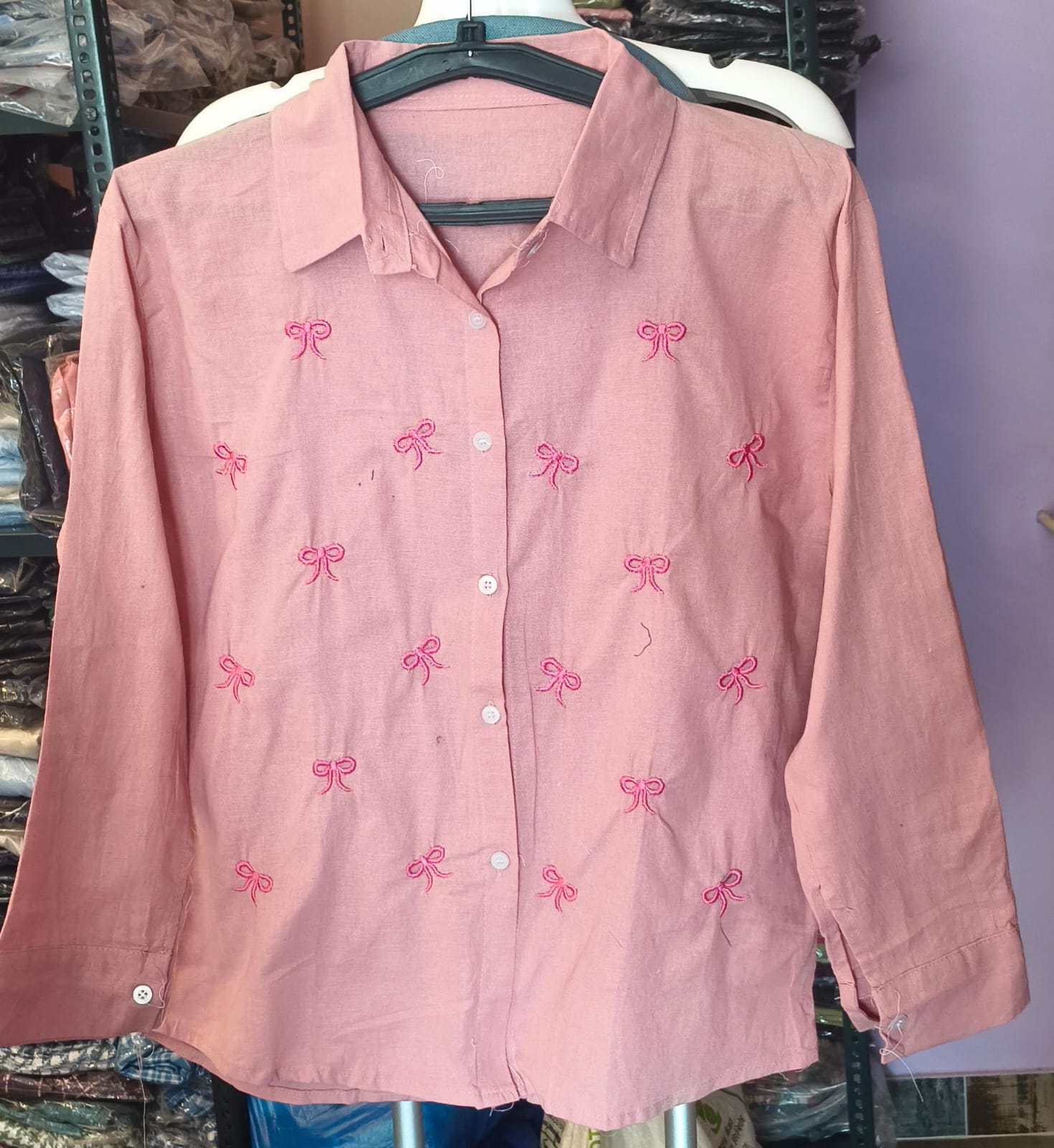 Bow Embroidery Cotton Shirt