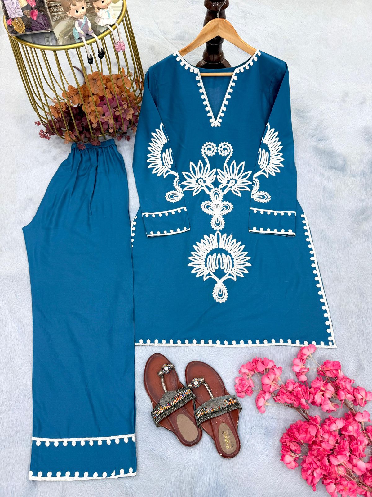 Teal Blue Embroidered Pure Rayon 2-Piece Co-Ord Set