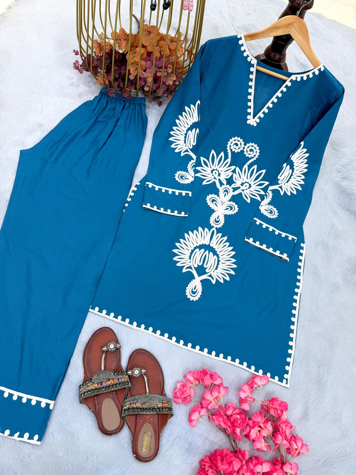 Teal Blue Embroidered Pure Rayon 2-Piece Co-Ord Set