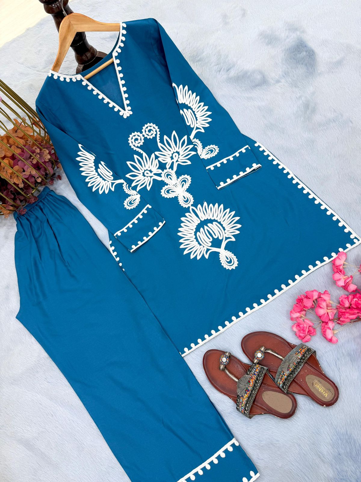Teal Blue Embroidered Pure Rayon 2-Piece Co-Ord Set