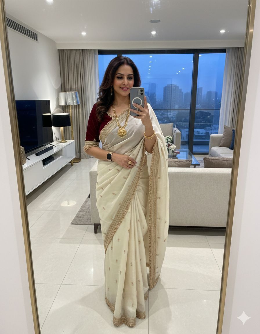 Space Satin Sequin Embroidery Full Work Saree with Contrast Running Blouse
