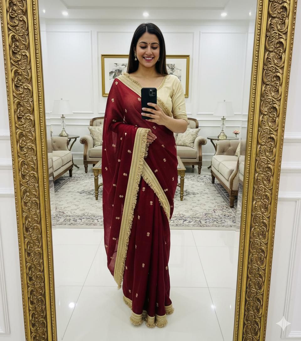 Space Satin Sequin Embroidery Full Work Saree with Contrast Running Blouse