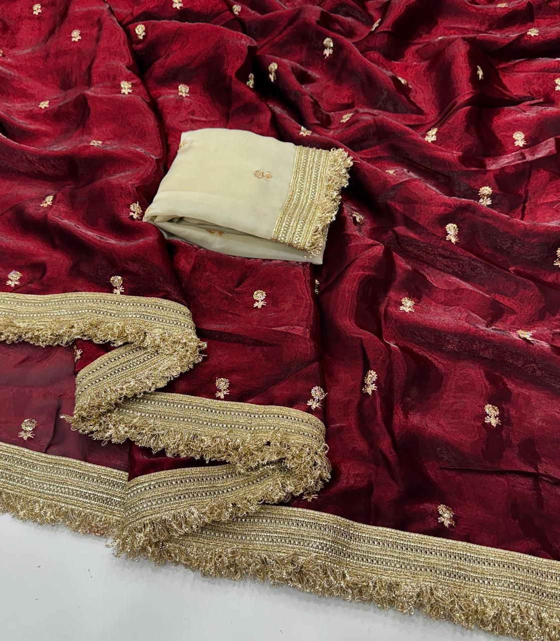 Space Satin Sequin Embroidery Full Work Saree with Contrast Running Blouse