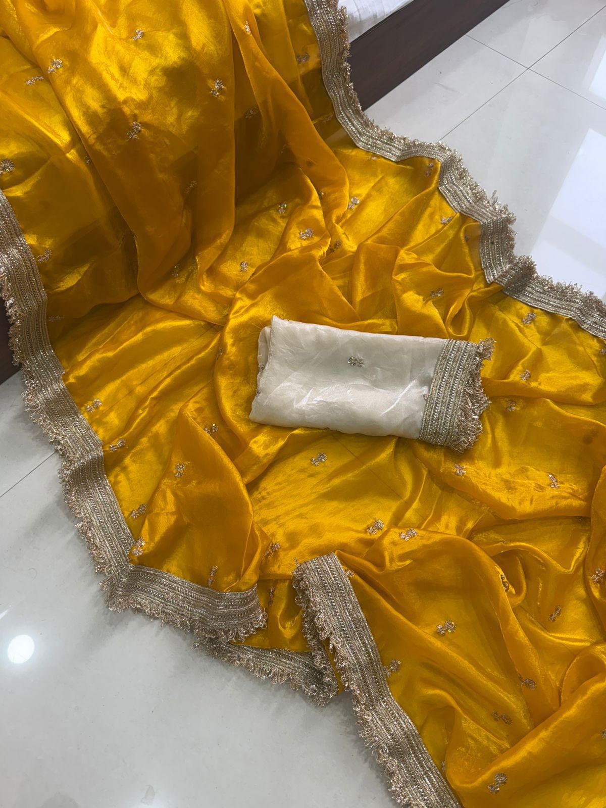 Space Satin Sequin Embroidery Full Work Saree with Contrast Running Blouse