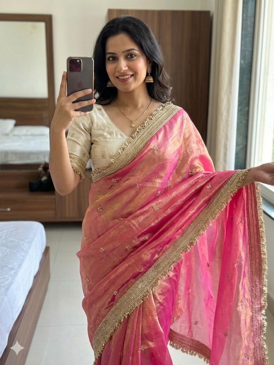 Space Satin Sequin Embroidery Full Work Saree with Contrast Running Blouse