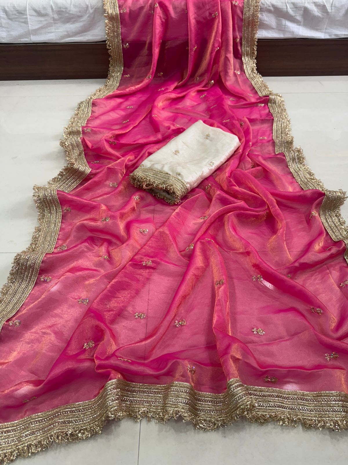Space Satin Sequin Embroidery Full Work Saree with Contrast Running Blouse