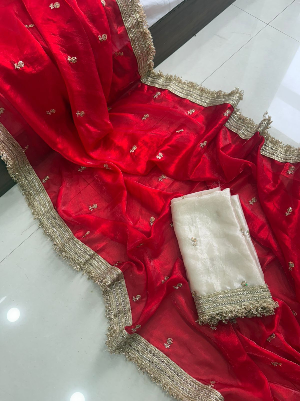 Space Satin Sequin Embroidery Full Work Saree with Contrast Running Blouse