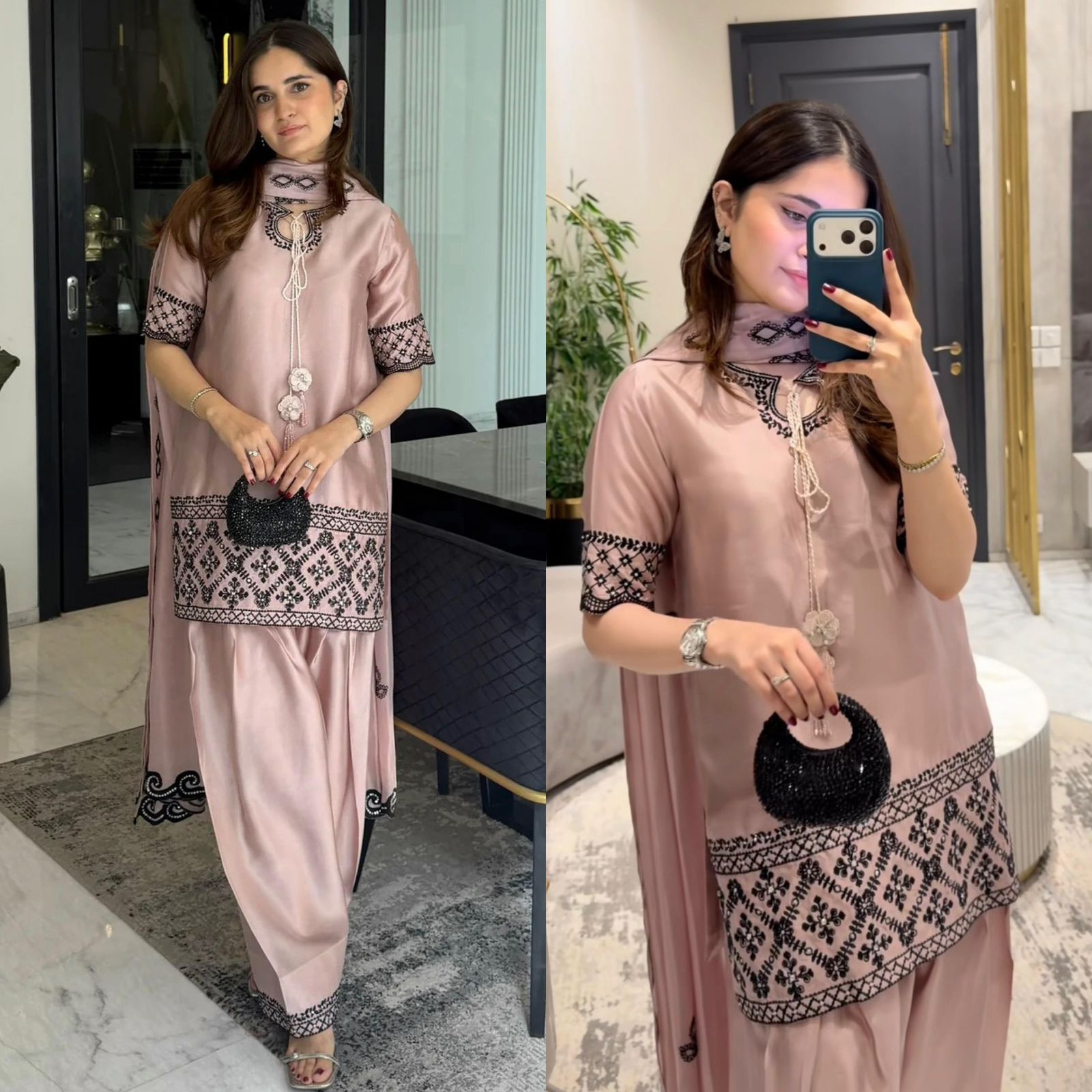 Dusty Pink Natural Crepe Silk Embroidered 3-Piece Farshi Salwar Suit