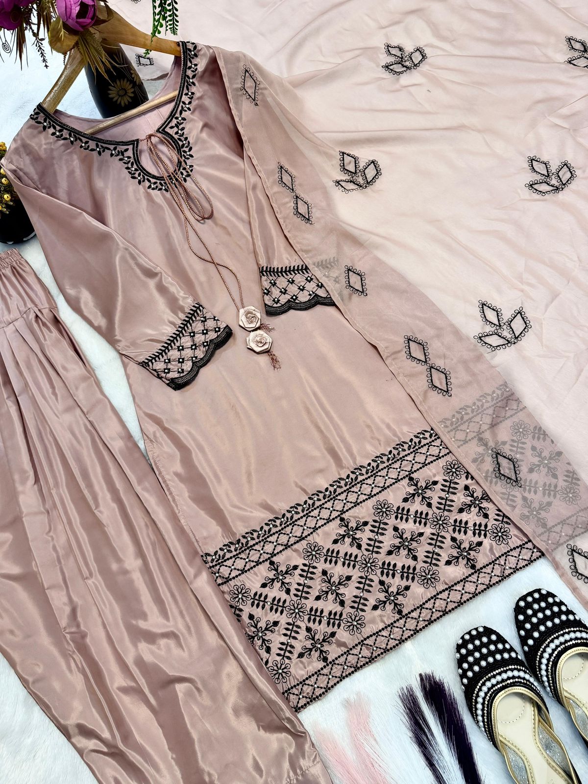 Dusty Pink Natural Crepe Silk Embroidered 3-Piece Farshi Salwar Suit