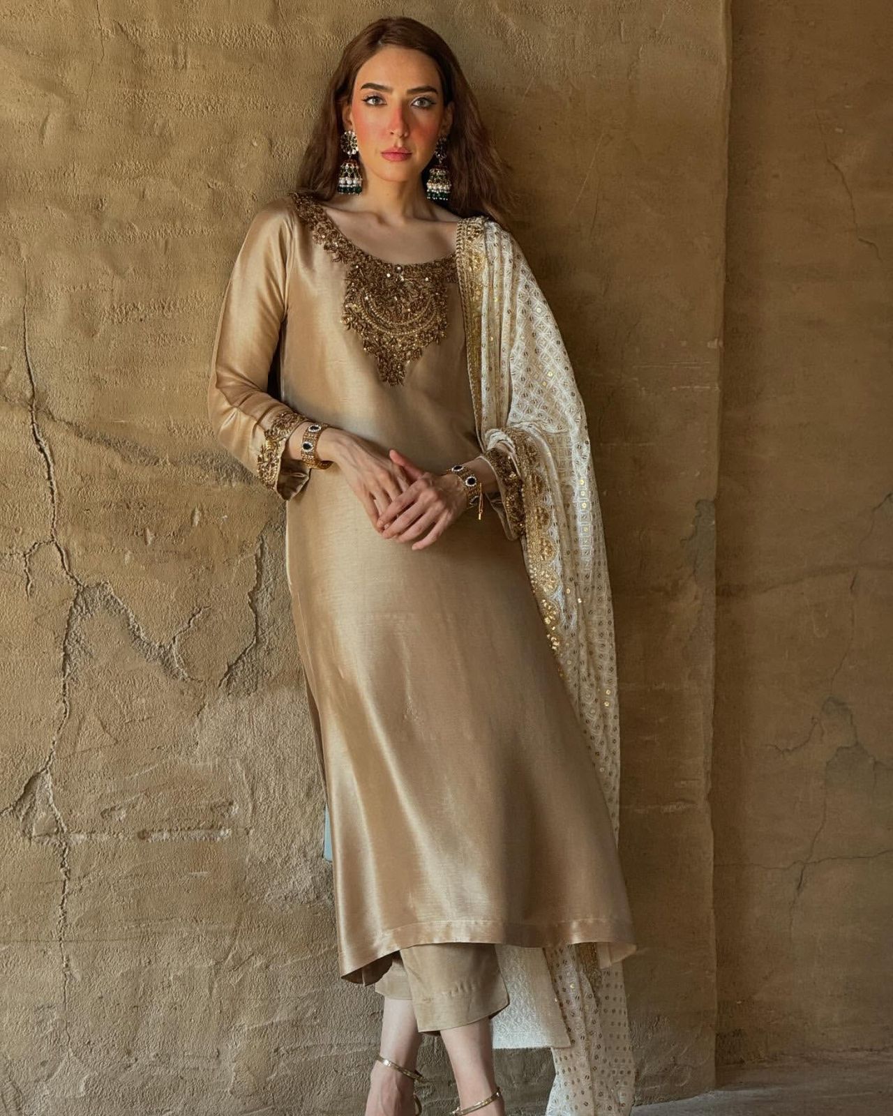 Golden Pure Devsena Silk Embroidery Sequin 3-Piece Long Kurti Set