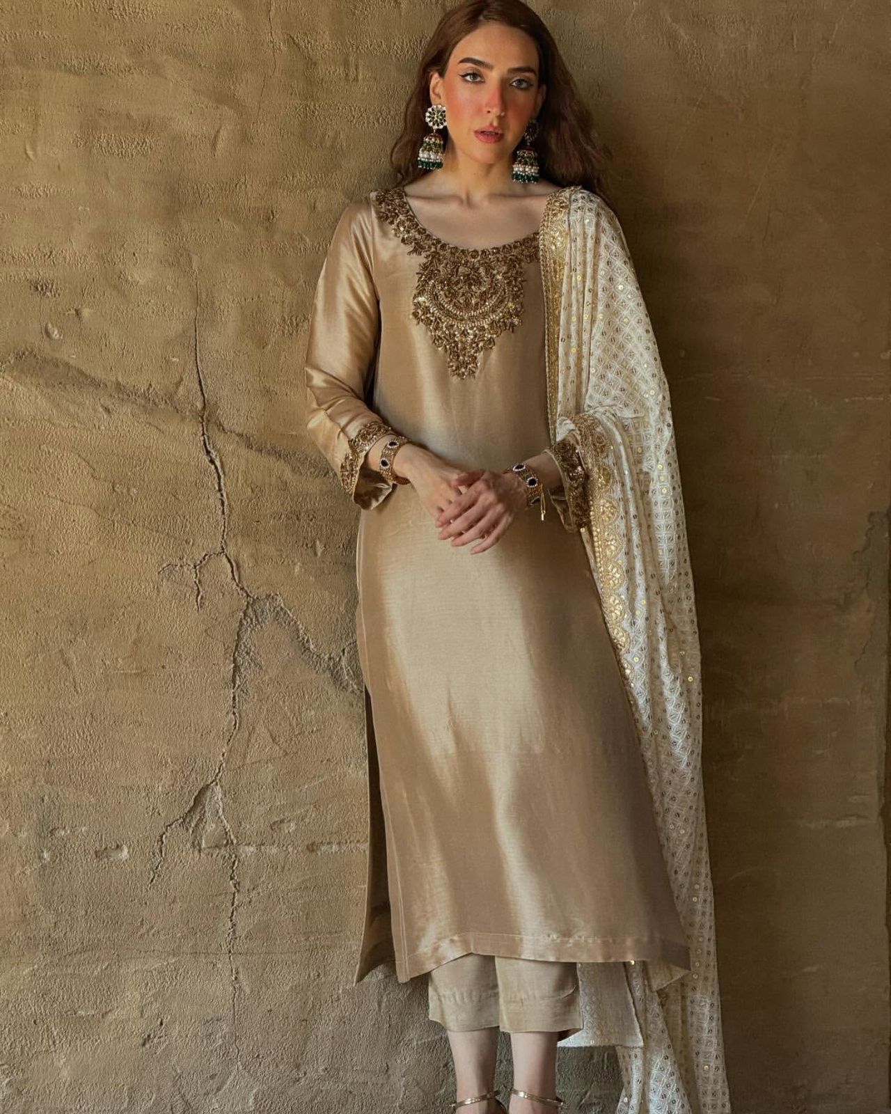 Golden Pure Devsena Silk Embroidery Sequin 3-Piece Long Kurti Set