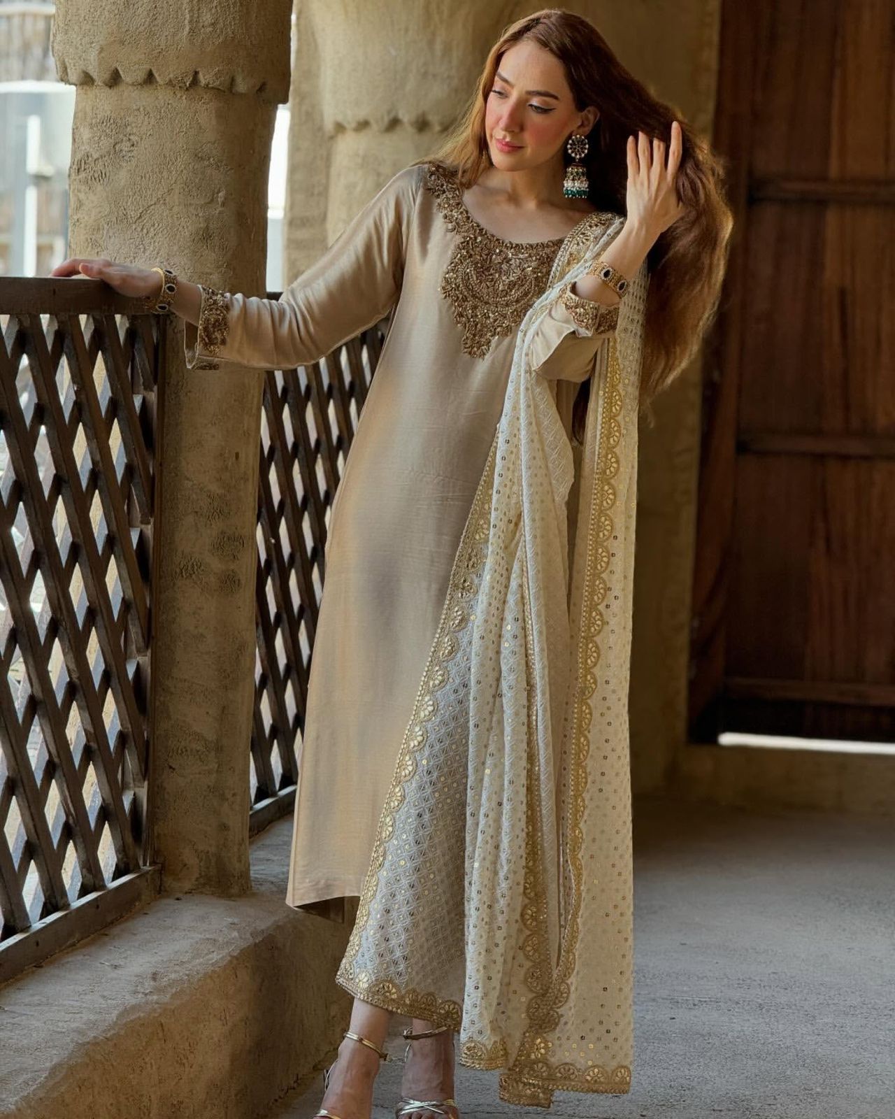 Golden Pure Devsena Silk Embroidery Sequin 3-Piece Long Kurti Set