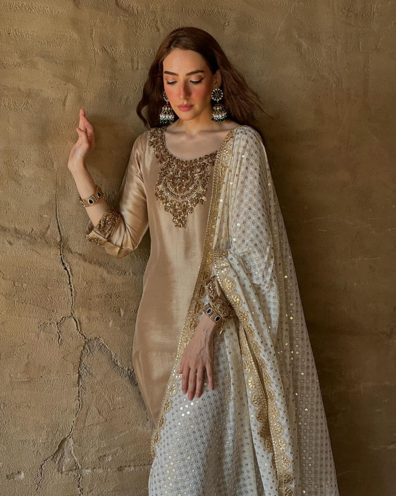 Golden Pure Devsena Silk Embroidery Sequin 3-Piece Long Kurti Set