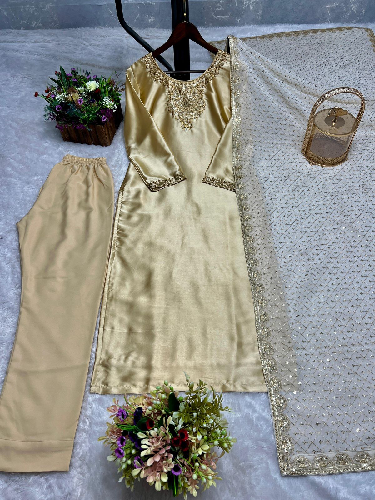Golden Pure Devsena Silk Embroidery Sequin 3-Piece Long Kurti Set