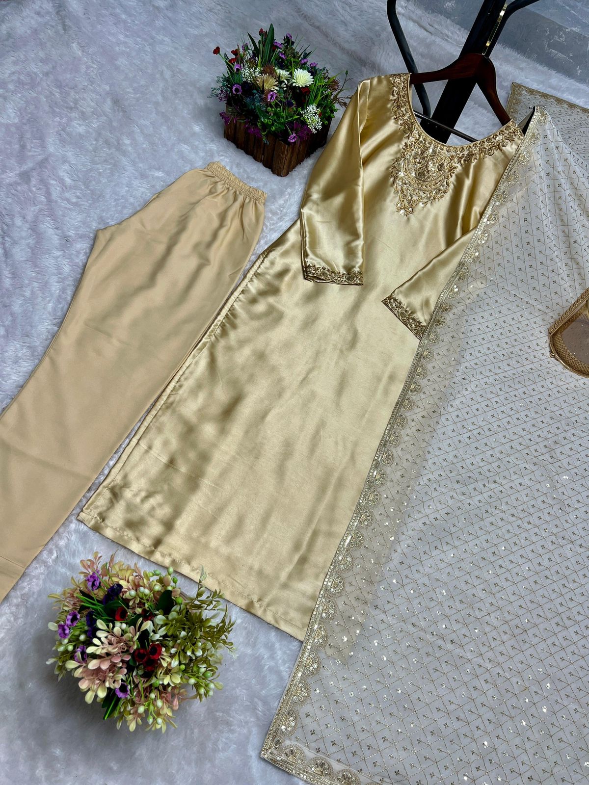 Golden Pure Devsena Silk Embroidery Sequin 3-Piece Long Kurti Set