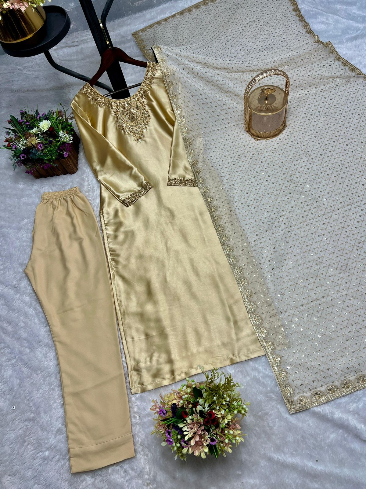 Golden Pure Devsena Silk Embroidery Sequin 3-Piece Long Kurti Set
