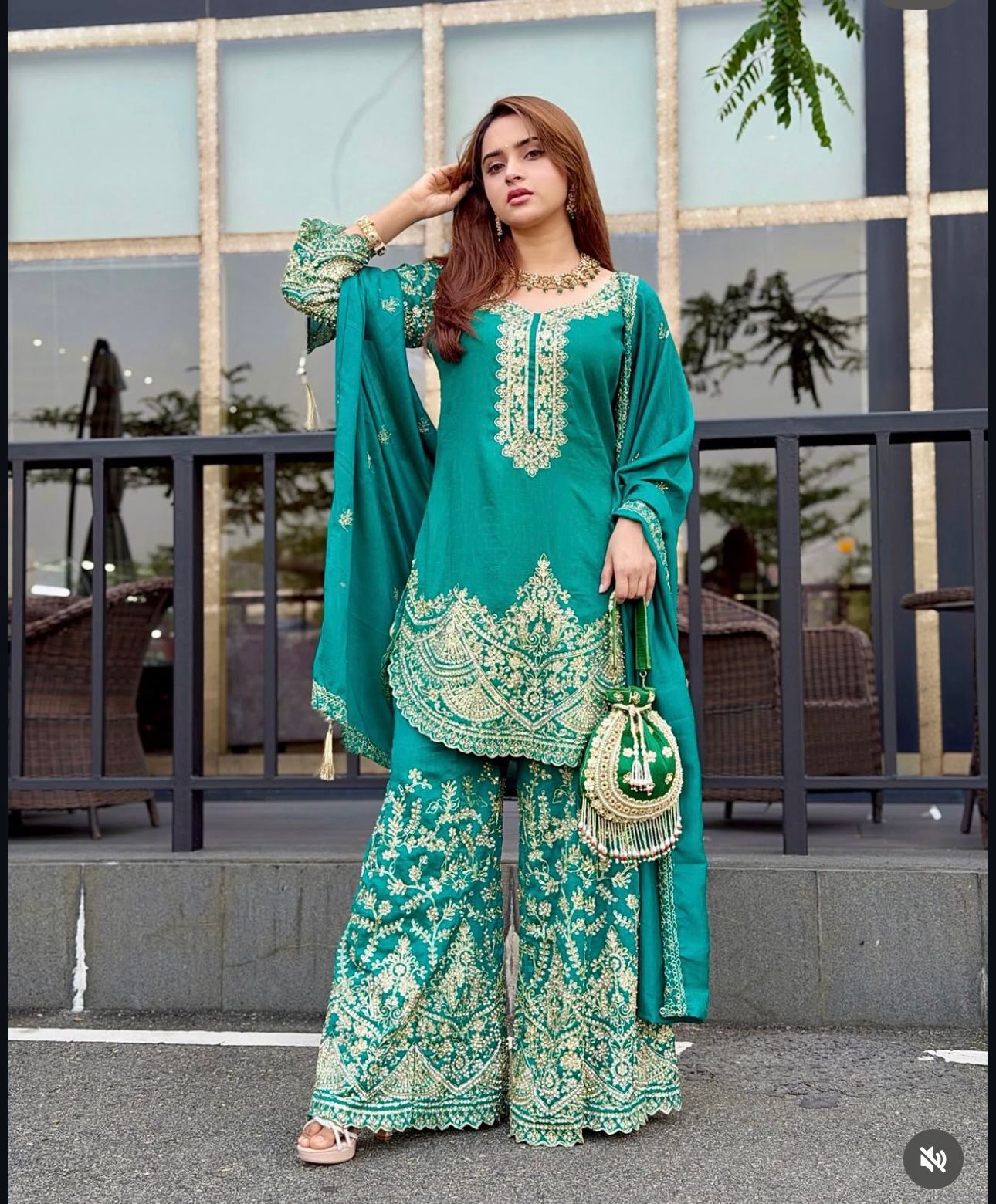 Teal Pure Chinon Silk Embroidery Sequin 3-Piece Palazzo Suit